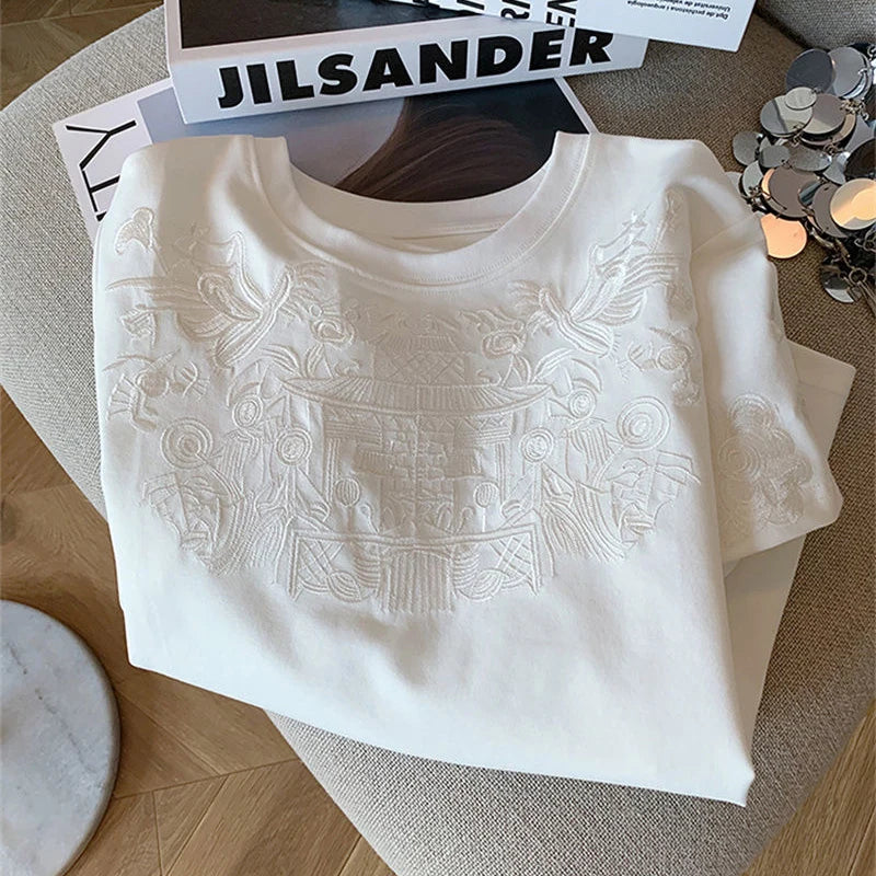 Women Clothing Summer Fashion Vintage Embroidery White Cotton Basic T Shirt Female Simple Casual O Neck Short Sleeve Loose Tops — image 3