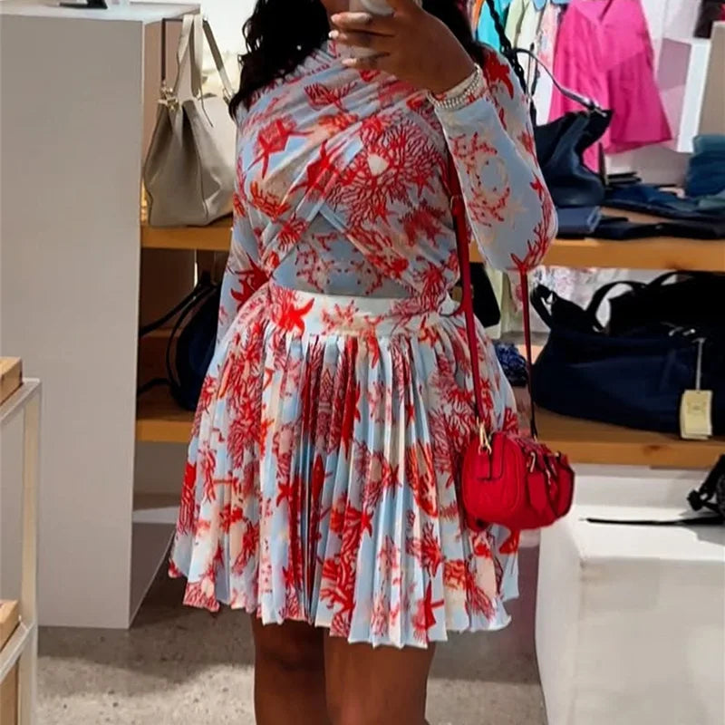 Women Clothing 2 Pieces Print Long Sleeve Shirt Top and Pleated Mini Skirt Luxury Fashion Wear Elegant Party Birthday Dress Set — image 16