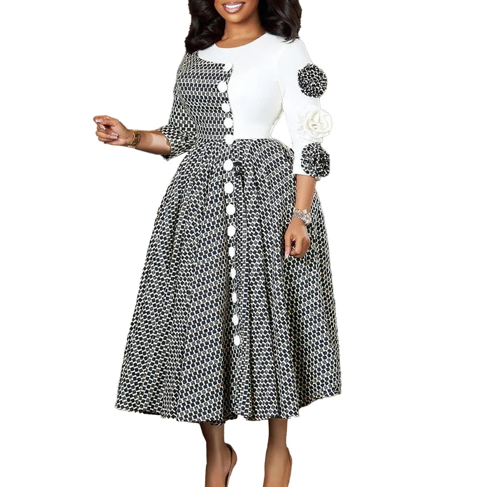 Elegant Dresses for Women 2025 Fall Fashion African 3/4 Sleeve Party Birthday New Robe Chic 3D Flower Plaid Evening A-Line Dress — image 8