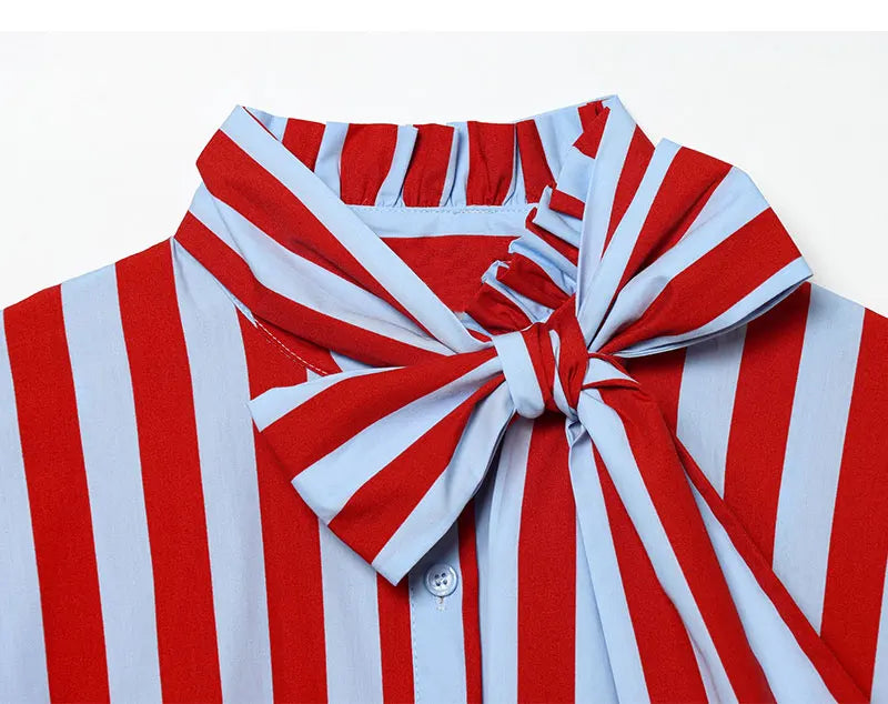 Women's Shirt 2026 New Summer Fitted Waist Bowknot Sleeveless Striped Shirt for Women Elegant Chic Personality Ladies Shirt — image 19