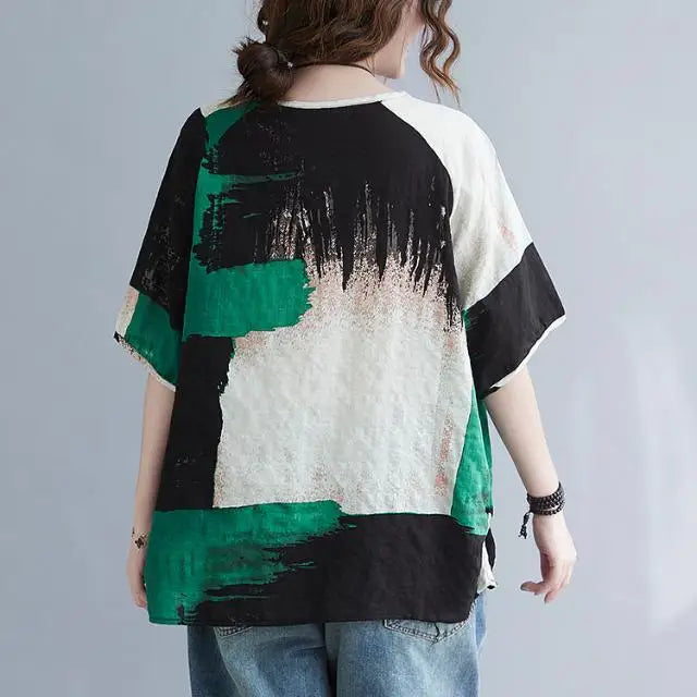 Women Clothing 2025 New Summer Clothing New Style Retro Loose Cotton Linen Short-sleeved T-shirt Top — image 2
