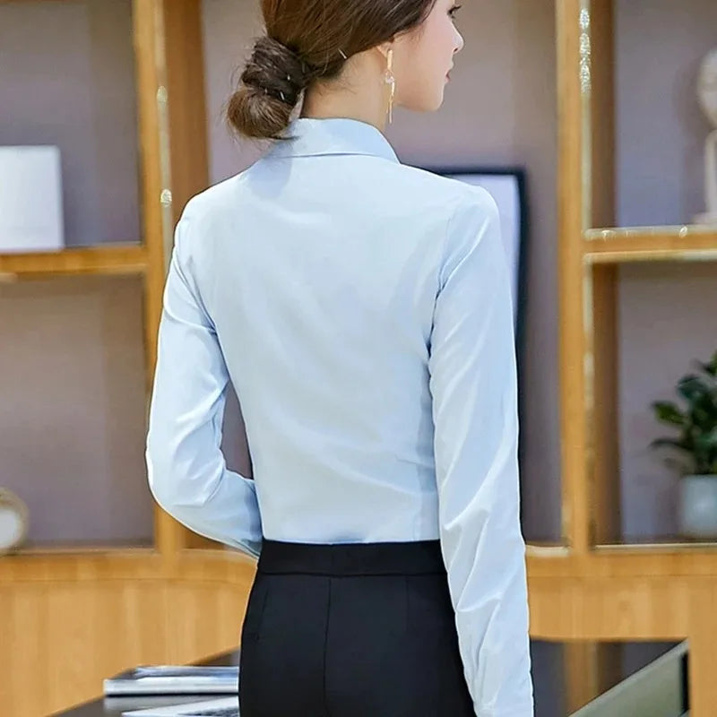 Elegant Women Shirts Woman White Shirt Long Sleeve Blouse Office Lady business Pink Shirts Button Solid Women work Blouses Tops — image 3