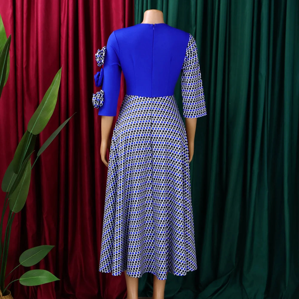 Elegant Dresses for Women 2025 Fall Fashion African 3/4 Sleeve Party Birthday New Robe Chic 3D Flower Plaid Evening A-Line Dress — image 6