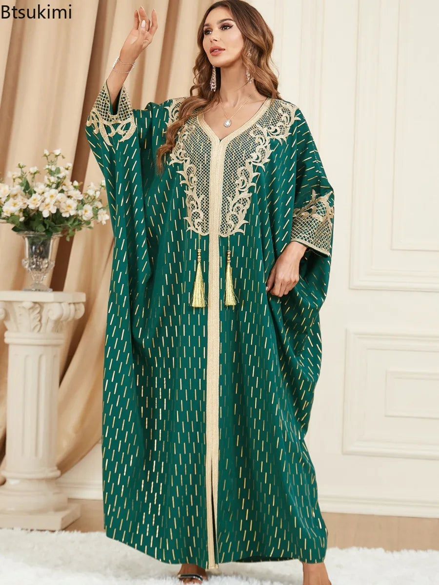 Muslim Dresses Women Elegant Long Robe Middle East Dubai Loose Abaya Bat Sleeve V-neck Tassel Evening Dress Femme Party Vestidos — image 3