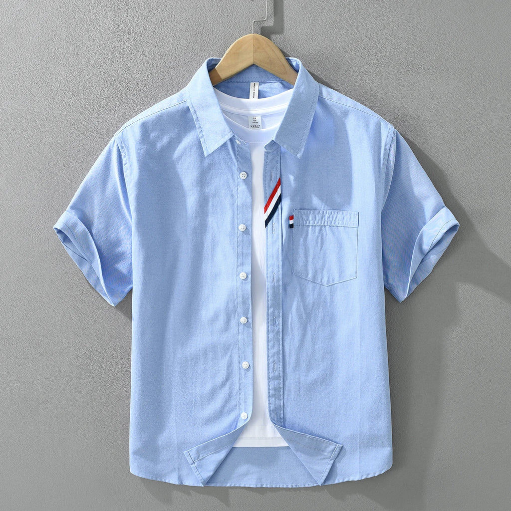Men's 100% Cotton Short-Sleeve Shirt – Classic Turn-Down Collar, Slim Fit with Chest Pocket & Striped Detail — image 3