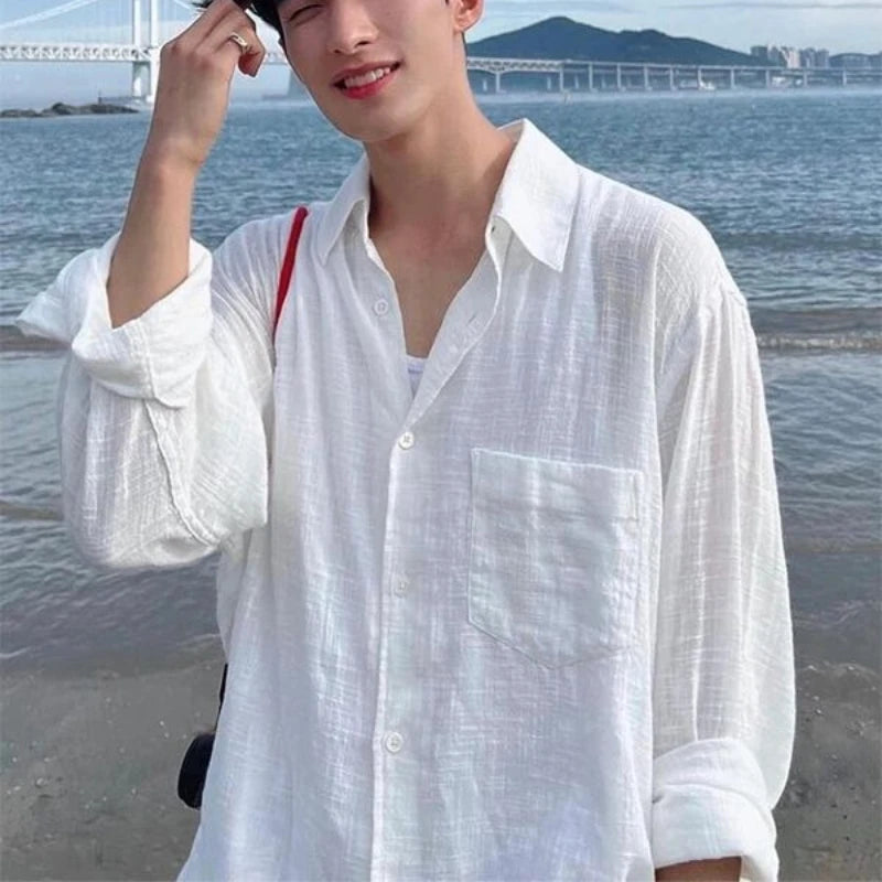 Men's Shirt Premium Thin White Loose Breathable Shirt Loose Long Sleeve Sun Protection Tees Lightweight Vacation Pockets Shirts — image 1