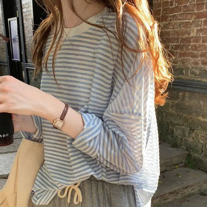Women's Clothing  Casual T Shirt Summer 2025 Long-sleeved Fashion Korean Style Loose Striped Sunscreen Casual T Shirt — image 6
