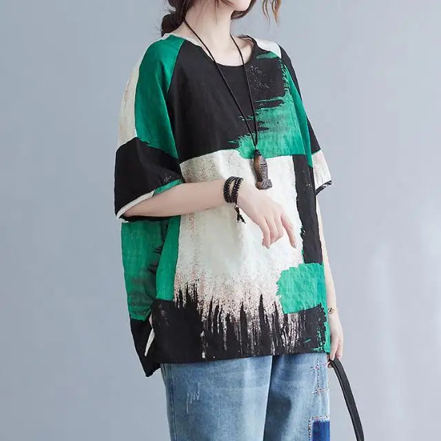 Women Clothing 2025 New Summer Clothing New Style Retro Loose Cotton Linen Short-sleeved T-shirt Top — image 4