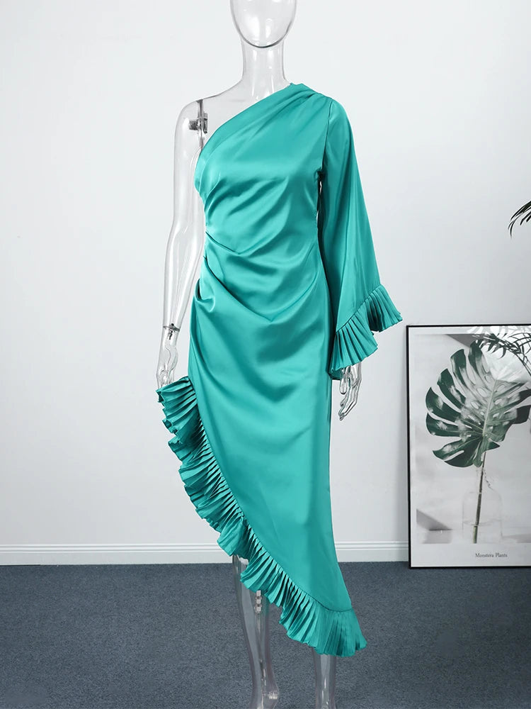 Women's Dresses Elegant Party Dress Satin One-Shoulder Ruffled Midi Dress Sexy Elegant Formal Gown Woman Clothes New Outerwear — image 6