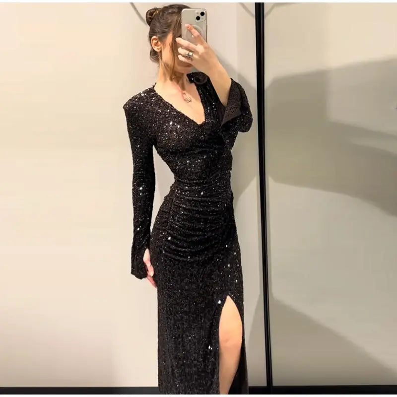 Women's Party Dress Sexy Deep V-neck Sequins Split Full Sleeve Hip Package Dressess Female 2025 Autumn Woman Evening Vestidos — image 11