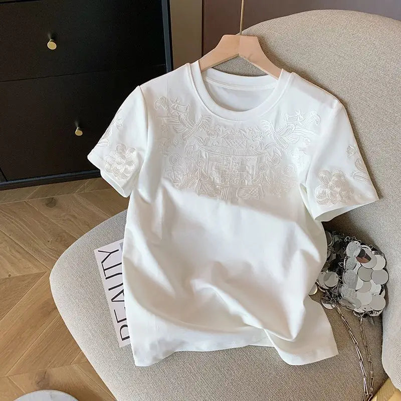 Women Clothing Summer Fashion Vintage Embroidery White Cotton Basic T Shirt Female Simple Casual O Neck Short Sleeve Loose Tops — image 1