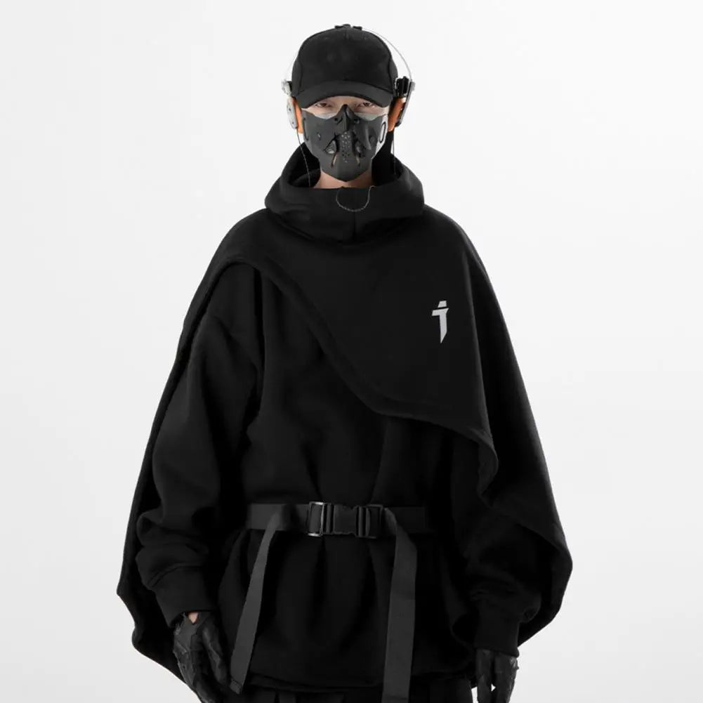 Men Hoodie Fake Two-piece Poncho Multi-Layered Irregular Mechanical Style Hoodie High Collar Batwing Sleeve Street Wear Hoodie — image 2