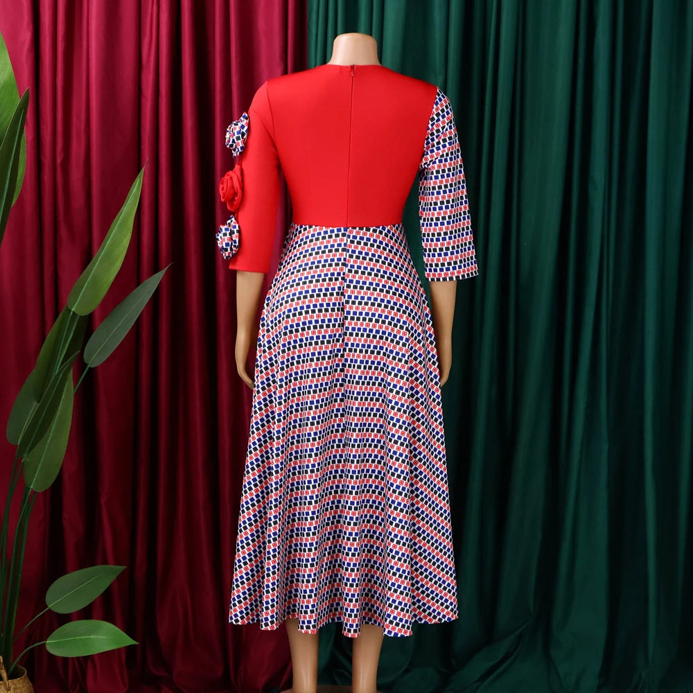 Elegant Dresses for Women 2025 Fall Fashion African 3/4 Sleeve Party Birthday New Robe Chic 3D Flower Plaid Evening A-Line Dress — image 13