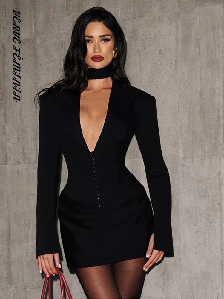 Women's Evening Dresses Deep V-neck Short Pleat Bodycon Dress Autumn 2025 Female Lapel Long Sleeves Waist Cinching New Partywear — image 3