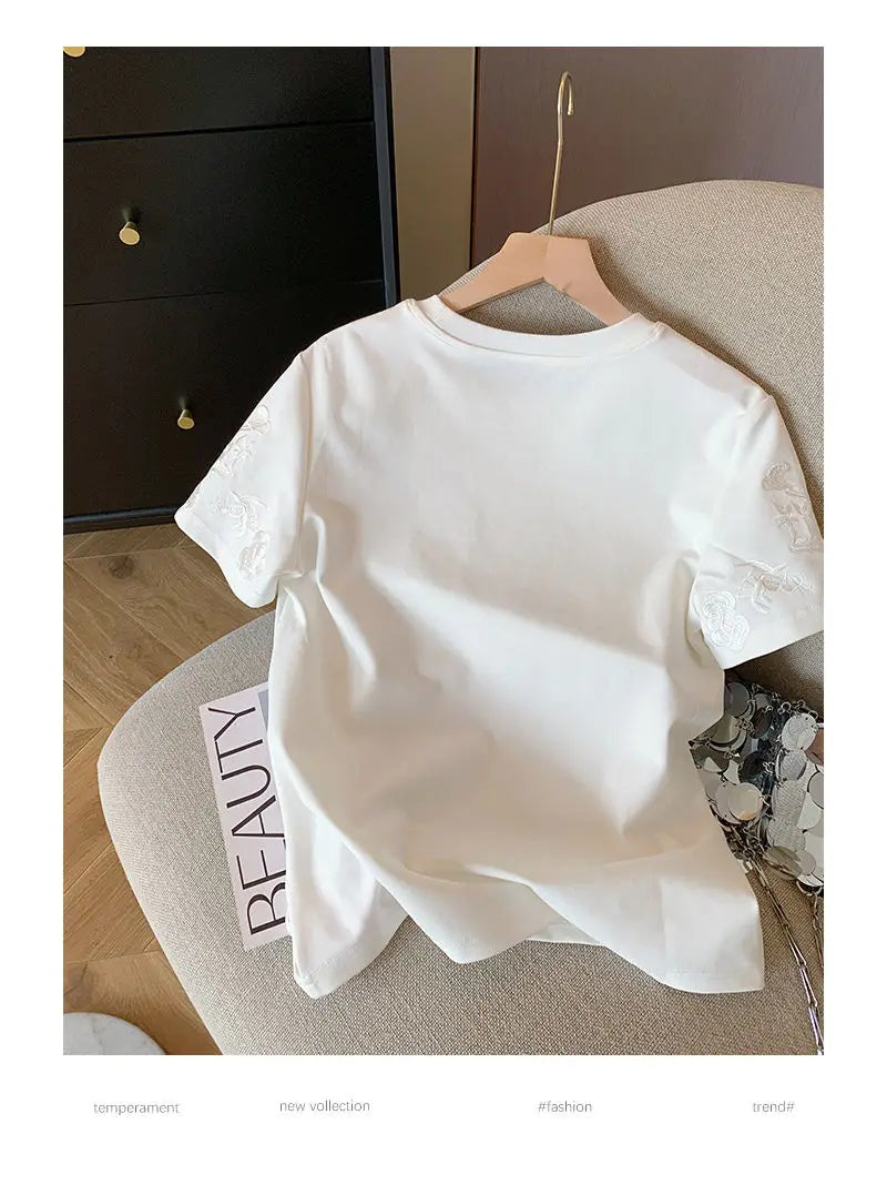 Women Clothing Summer Fashion Vintage Embroidery White Cotton Basic T Shirt Female Simple Casual O Neck Short Sleeve Loose Tops — image 14