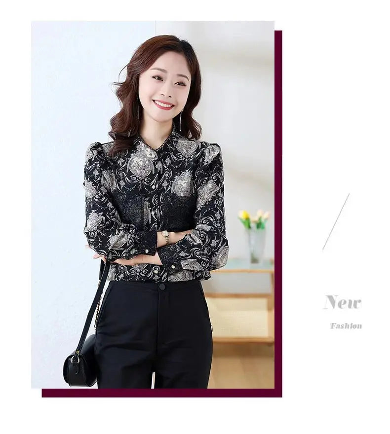 Shirts for Women in Spring Autumn New Style Printed Satin Stylish Slim Fashion Commuting Simple — image 17