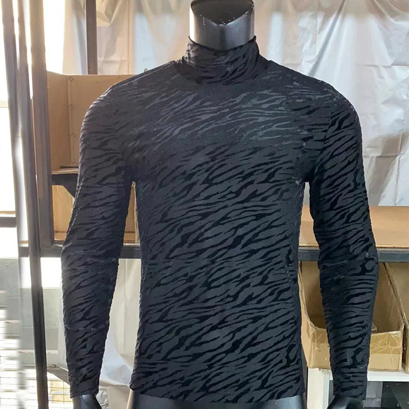 Men's T Shirt Perspective Turtleneck Long-sleeved Lace Tight Fitting T-shirt for Men Streetwear Bottoming Shirt Inside Male Tops — image 7