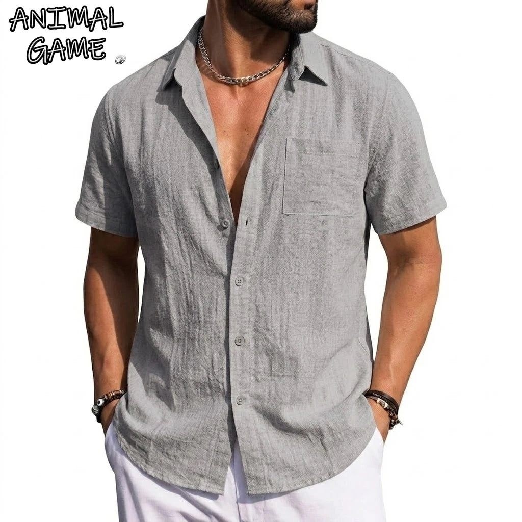 Men's Linen Shirts Short Sleeve Casual Shirts Button Down Shirt for Men Summer Beach Wedding Shirt Solid Color Hawaiian Shirt — image 1