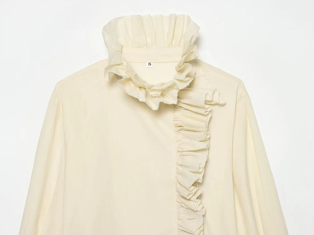 Women Elegant Vintage White Shirts Spring Summer Female Ruffles Stand Blouses Top Lady Korean Long Sleeve High Street Casual Top — image 8