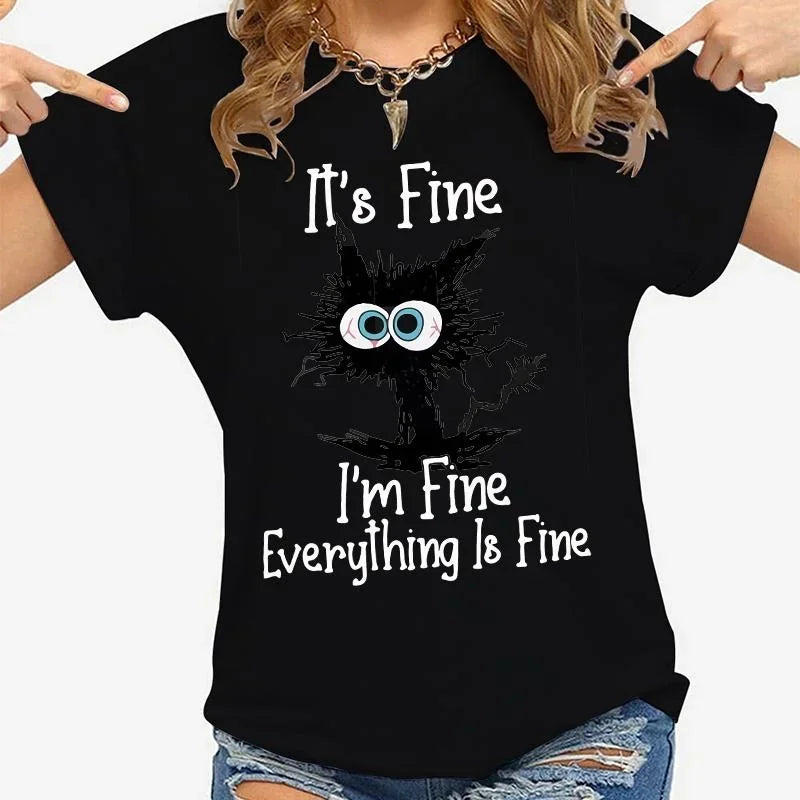 Women Clothes Cat It's Fine I'm Fine Everything Is Fine Print T-shirts Summer Casual  Fashion Personalized Woman Clothing — image 7