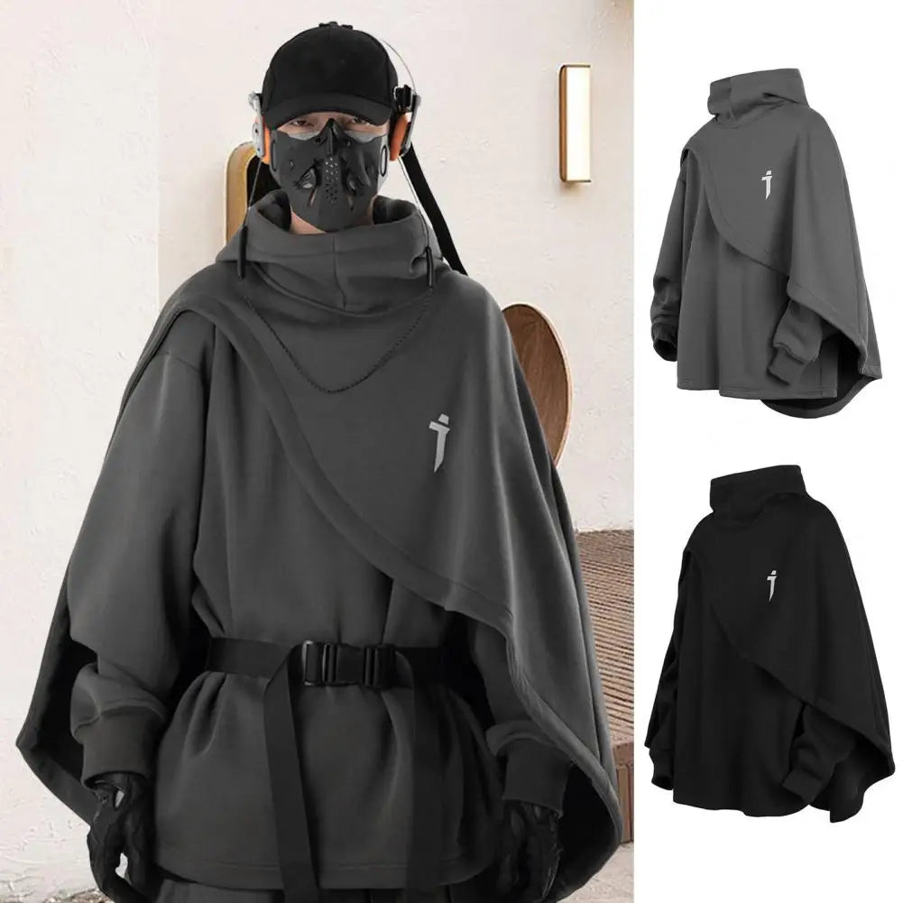 Men Hoodie Fake Two-piece Poncho Multi-Layered Irregular Mechanical Style Hoodie High Collar Batwing Sleeve Street Wear Hoodie — image 9