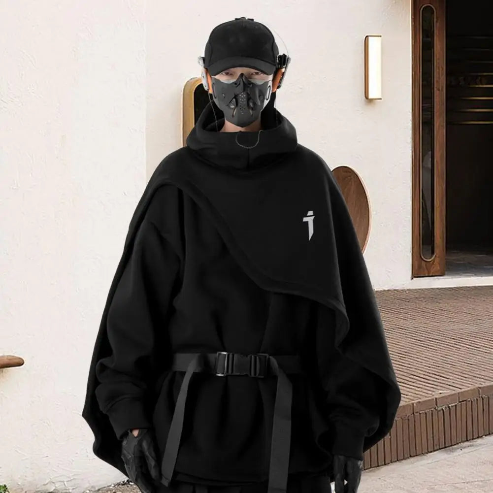 Men Hoodie Fake Two-piece Poncho Multi-Layered Irregular Mechanical Style Hoodie High Collar Batwing Sleeve Street Wear Hoodie — image 10