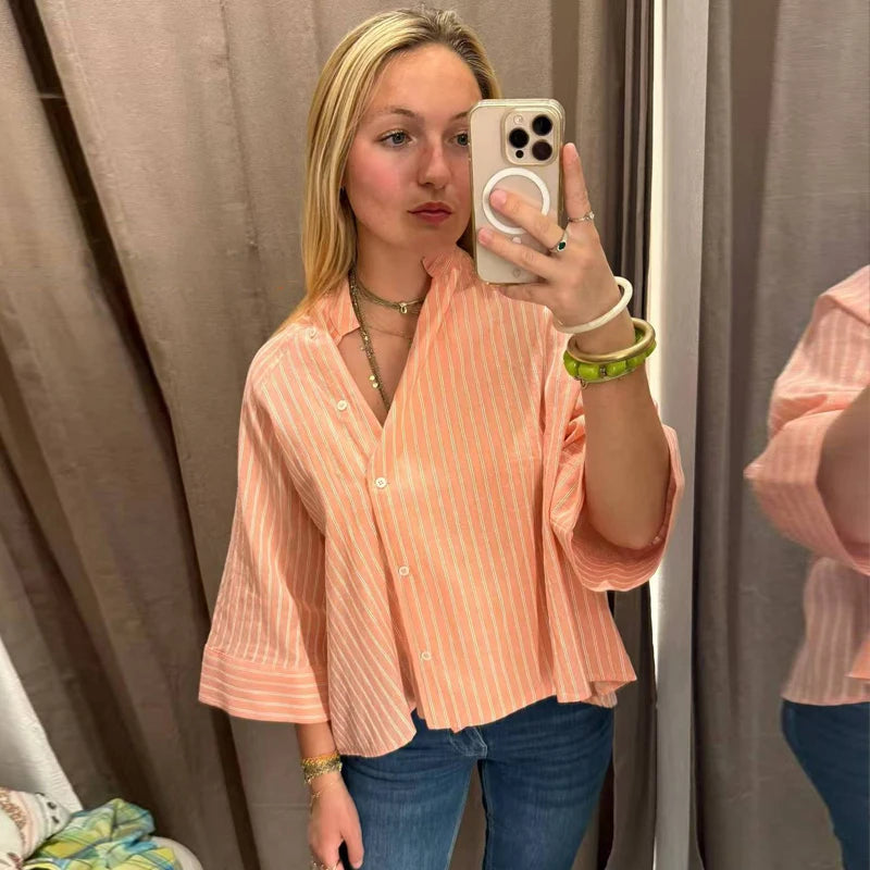 Women's Pink Striped Shirts Summer Asymmetric Button Mid Sleeve Loose Fit Shirts Casual Office Look Vintage Elegant Female Tops — image 3