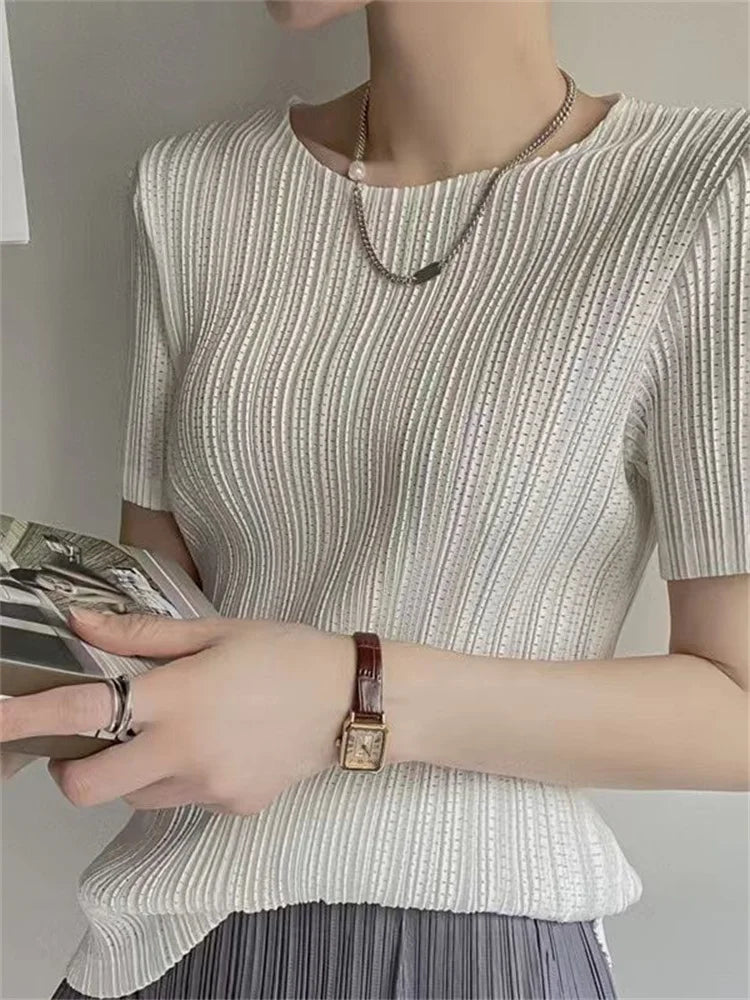 Woman Clothing  Top Women Miyake Pleated Short-sleeved Female Summer Thin Elastic Round Neck Joker Slim Pleated Hollow T-shirt — image 11