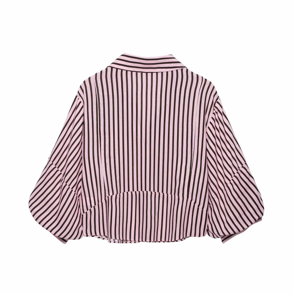Women Striped Shirts For Women Vintage Elegant Puff Sleeve Summer New High Street Clothes Leisure Single-breasted Lapel Blouse — image 9
