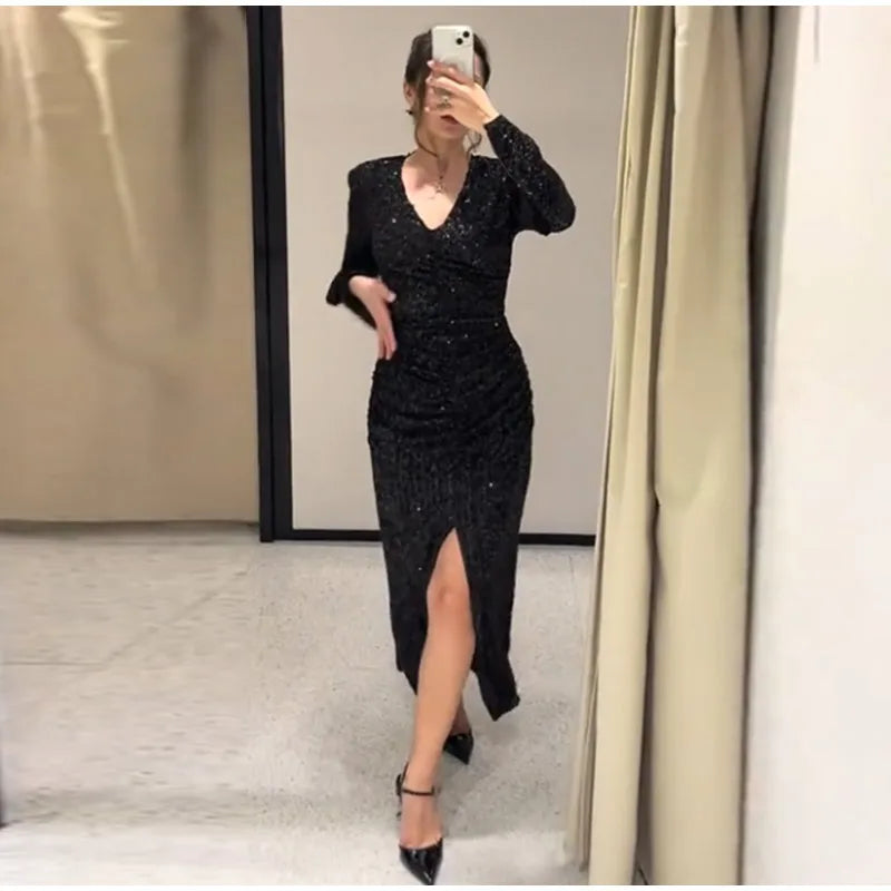 Women's Party Dress Sexy Deep V-neck Sequins Split Full Sleeve Hip Package Dressess Female 2025 Autumn Woman Evening Vestidos — image 9