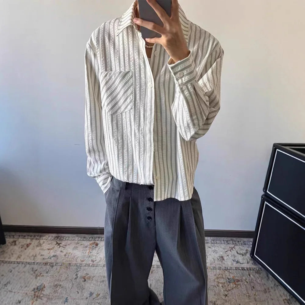 Striped Shirt Men's Spring and Autumn High-end Right Shoulder Long-sleeved Shirt Cleanfit Sun Protection Jacket — image 1