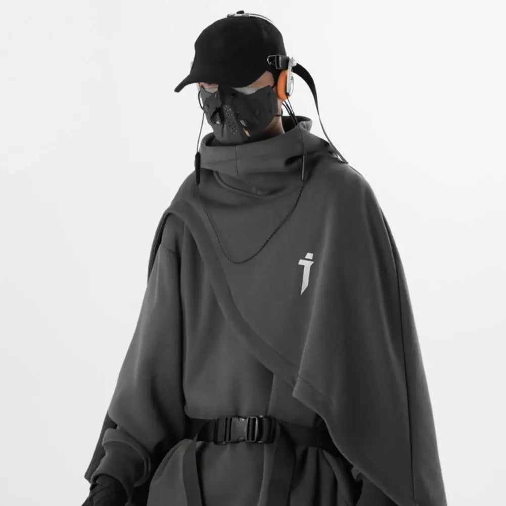 Men Hoodie Fake Two-piece Poncho Multi-Layered Irregular Mechanical Style Hoodie High Collar Batwing Sleeve Street Wear Hoodie — image 4