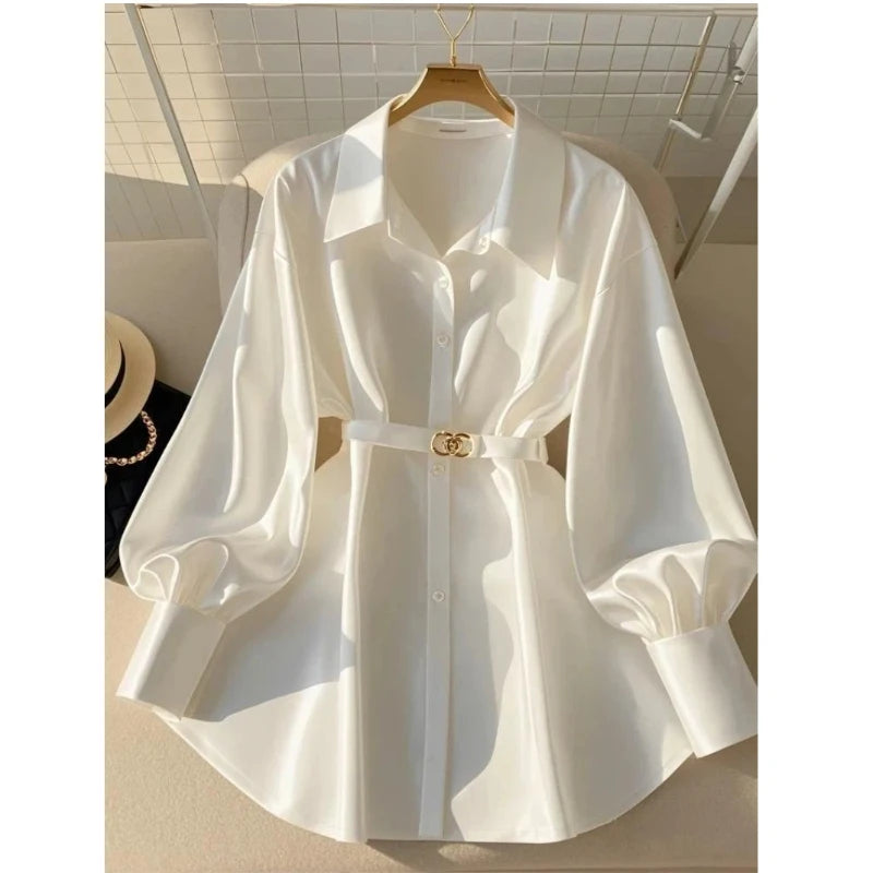 Women Clothing White Temperament Loose Shirt Tops Spring Autumn New Polo Neck Long Sleeve Solid Elegant Blouse Fashion Vintage — image 4