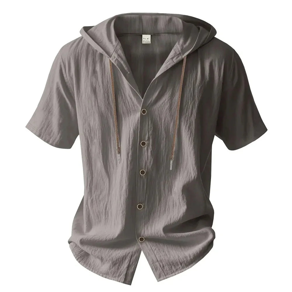 Cotton Linen Shirt for Men Hooded Short Sleeve Solid Color Breathable Lightweight Drawstring Design Shirts Casual Basic Tees — image 3
