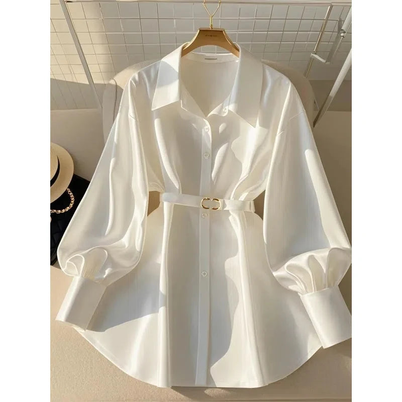 Women Clothing White Temperament Loose Shirt Tops Spring Autumn New Polo Neck Long Sleeve Solid Elegant Blouse Fashion Vintage — image 1
