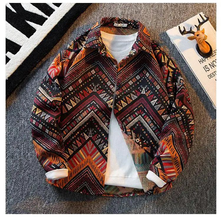 Men's high-density woven shirt men's high-end retro ethnic style long sleeved shirt trendy clothing jacket men clothing shirt — image 15