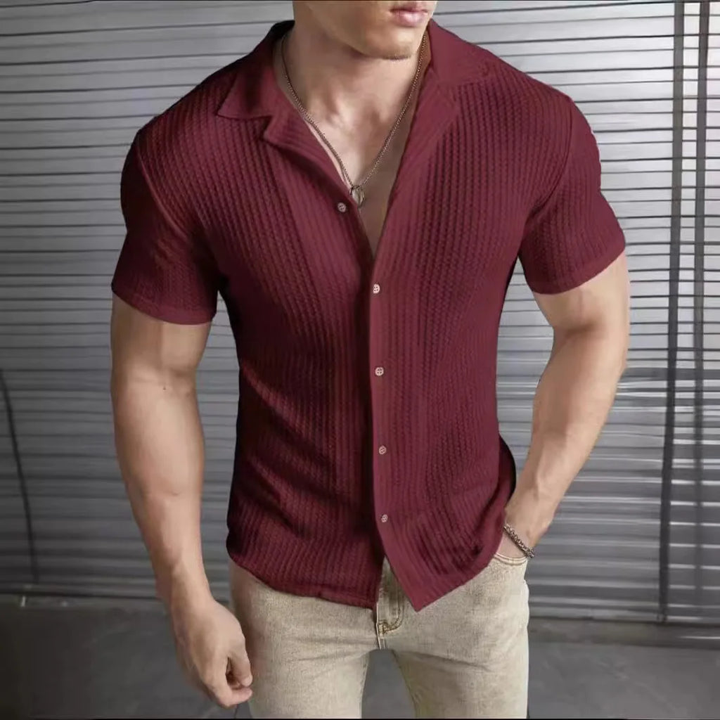 New Men's Shirts Spring Summer Fashion Casual Slim Fit Top Short Sleeved Solid Color Striped Waffle Shirt For Man Clothing — image 1