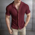New Men's Shirts Spring Summer Fashion Casual Slim Fit Top Short Sleeved Solid Color Striped Waffle Shirt For Man Clothing — image 1