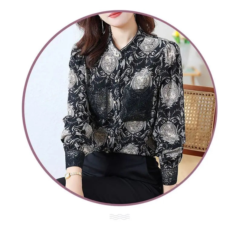 Shirts for Women in Spring Autumn New Style Printed Satin Stylish Slim Fashion Commuting Simple — image 8