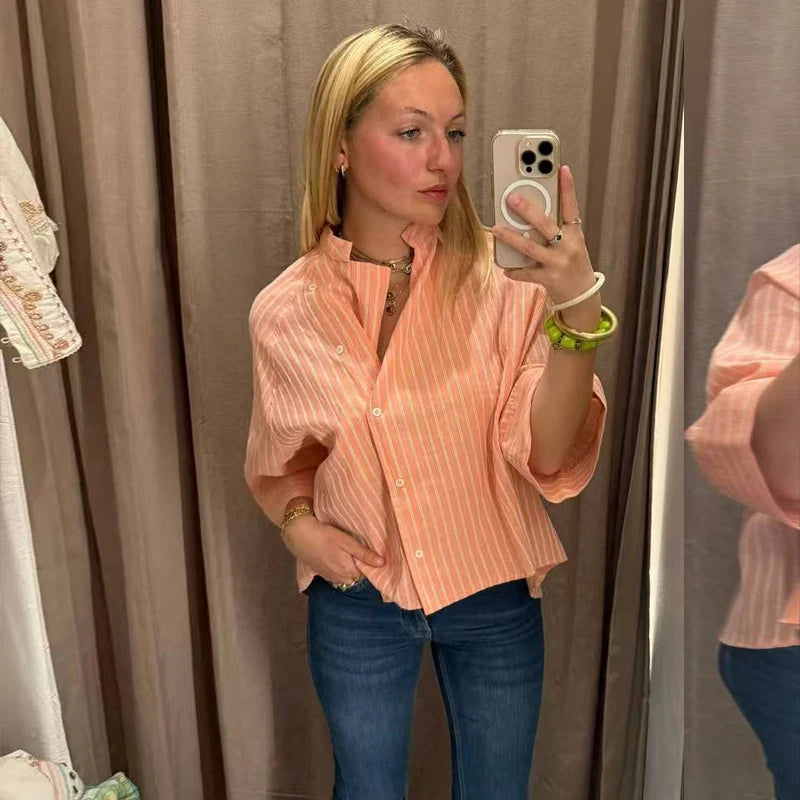 Women's Pink Striped Shirts Summer Asymmetric Button Mid Sleeve Loose Fit Shirts Casual Office Look Vintage Elegant Female Tops — image 4