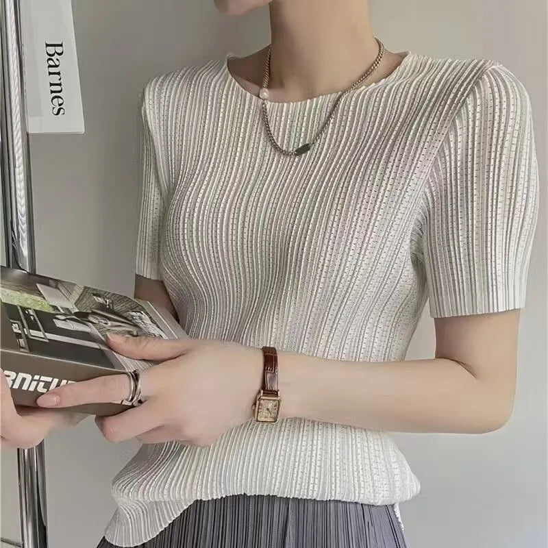 Woman Clothing  Top Women Miyake Pleated Short-sleeved Female Summer Thin Elastic Round Neck Joker Slim Pleated Hollow T-shirt — image 6