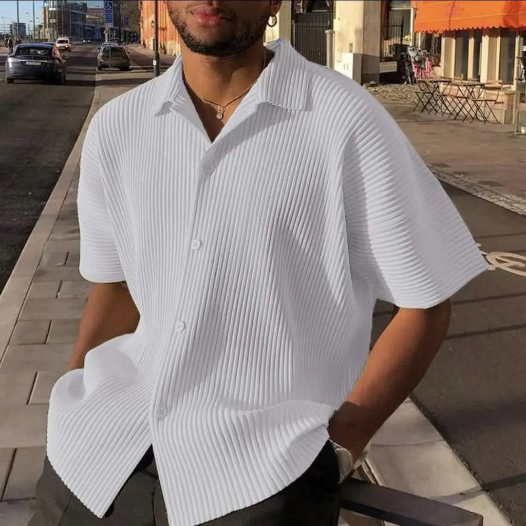 New Men Shirts Short Sleeve Turn-down Collar Casual Tops Spring Summer Fashion Solid Rib Loose Shirt For Men Clothing Streetwear — image 1