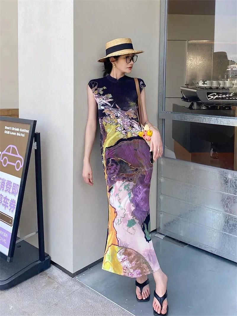 Womens Dresses Woman Clothes  Miyake High-grade Pleated Print Dress Chinese National Style Cheongsam Skirt Fishtail Skirt Summer — image 9