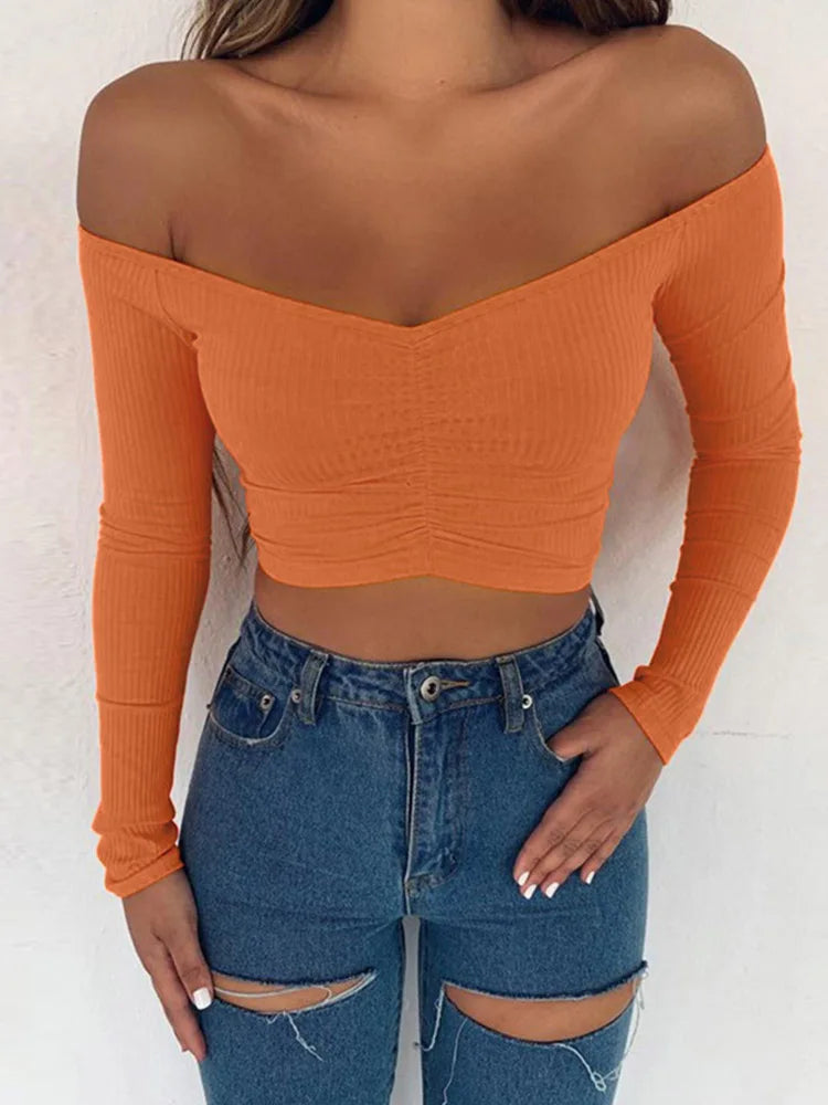 Women T-shirts sexy and club fashion female T-shirt long sleeve off shoulder solid color lady Tshirt autumn basic tees — image 7