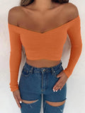 Women T-shirts sexy and club fashion female T-shirt long sleeve off shoulder solid color lady Tshirt autumn basic tees — image 7