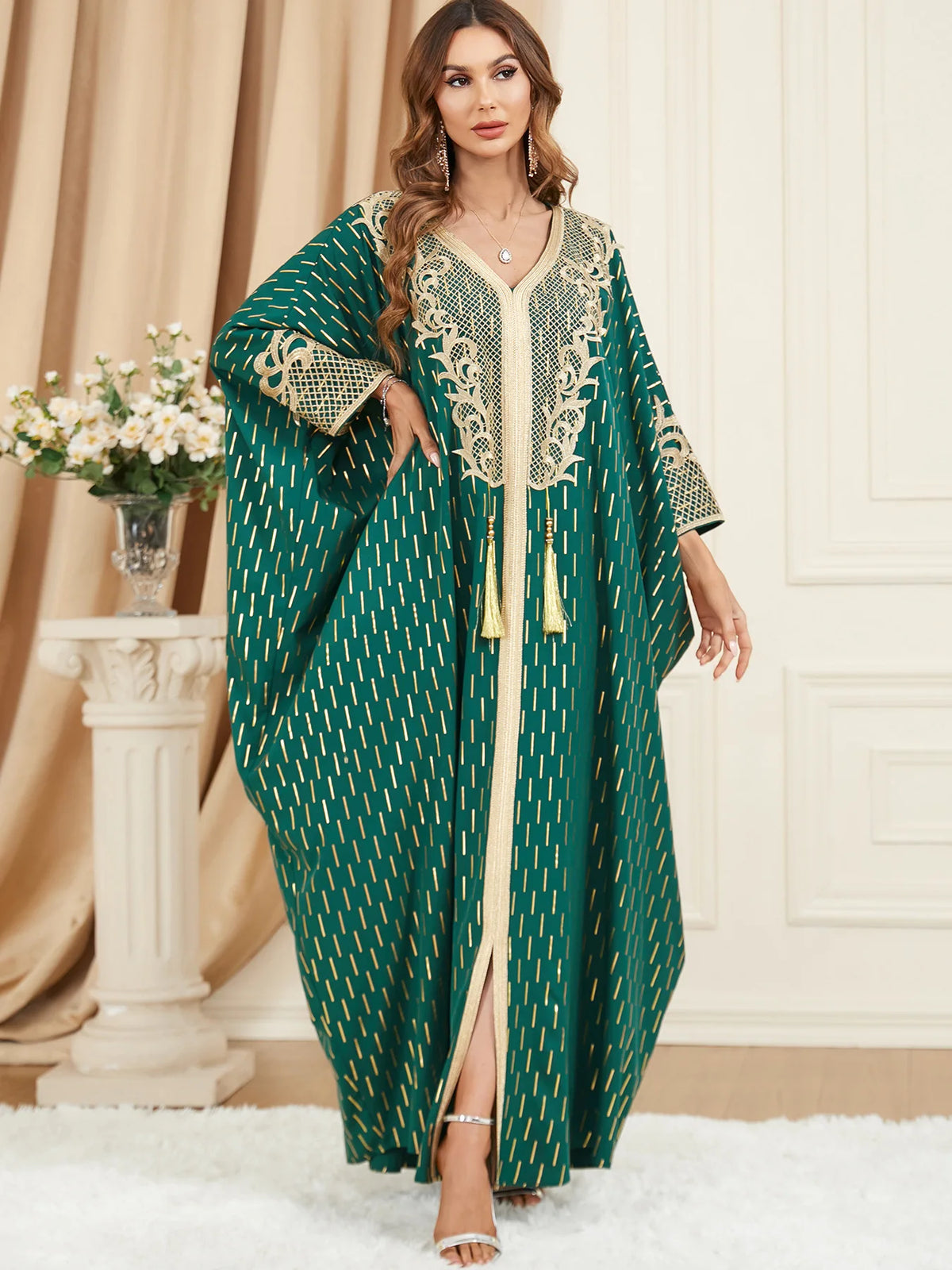 Muslim Dresses Women Elegant Long Robe Middle East Dubai Loose Abaya Bat Sleeve V-neck Tassel Evening Dress Femme Party Vestidos — image 12