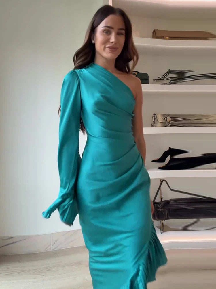 Women's Dresses Elegant Party Dress Satin One-Shoulder Ruffled Midi Dress Sexy Elegant Formal Gown Woman Clothes New Outerwear — image 5