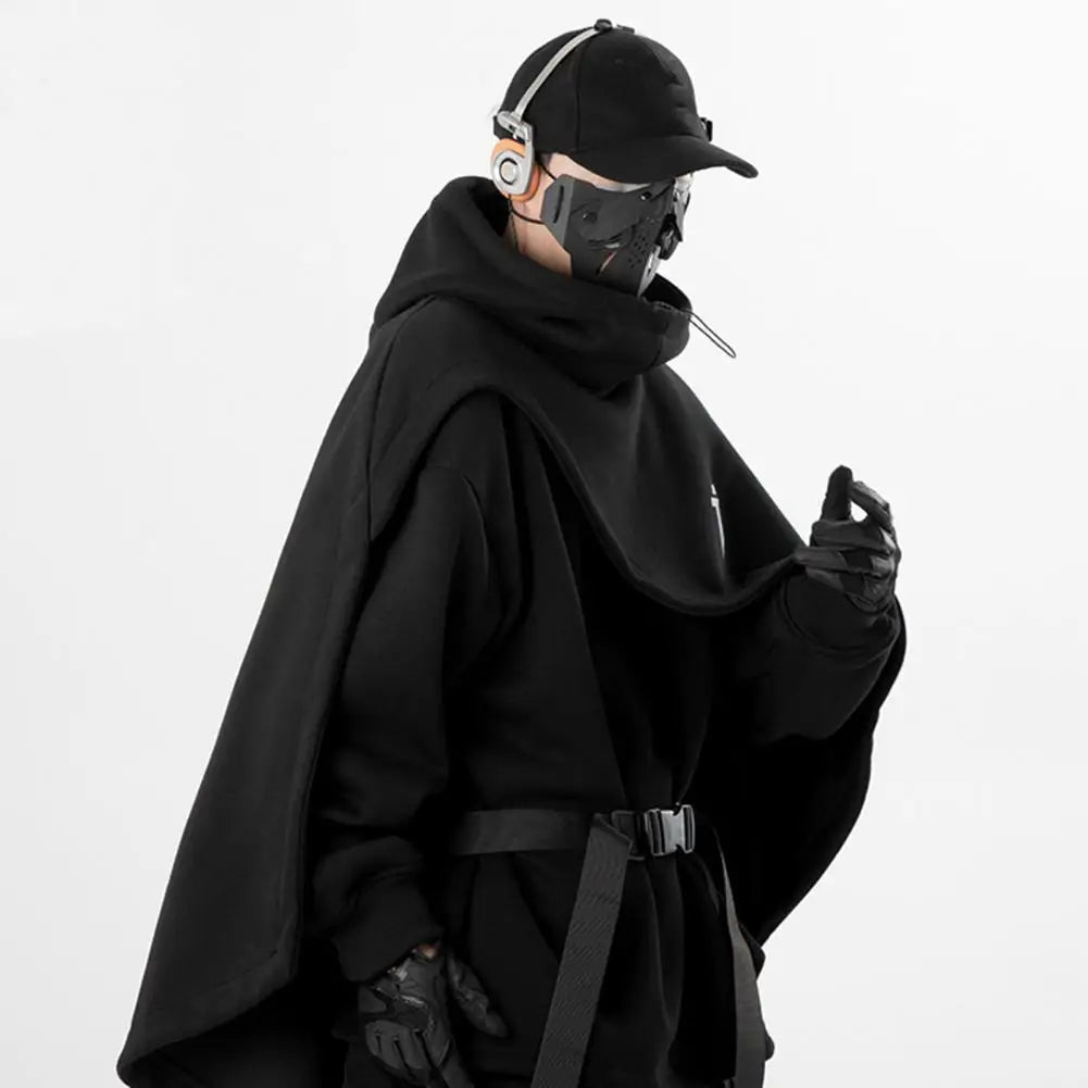 Men Hoodie Fake Two-piece Poncho Multi-Layered Irregular Mechanical Style Hoodie High Collar Batwing Sleeve Street Wear Hoodie — image 1
