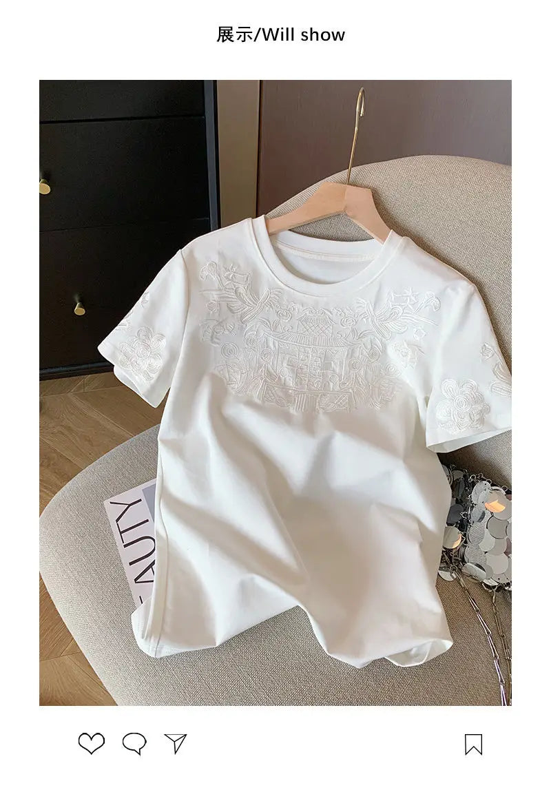 Women Clothing Summer Fashion Vintage Embroidery White Cotton Basic T Shirt Female Simple Casual O Neck Short Sleeve Loose Tops — image 12