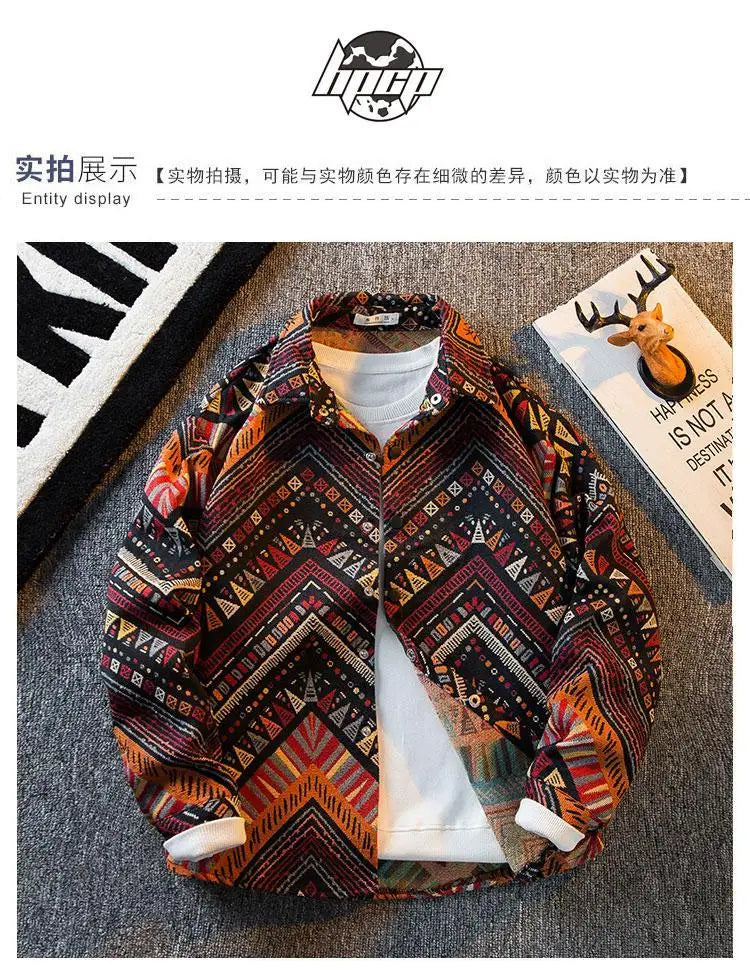 Men's high-density woven shirt men's high-end retro ethnic style long sleeved shirt trendy clothing jacket men clothing shirt — image 13